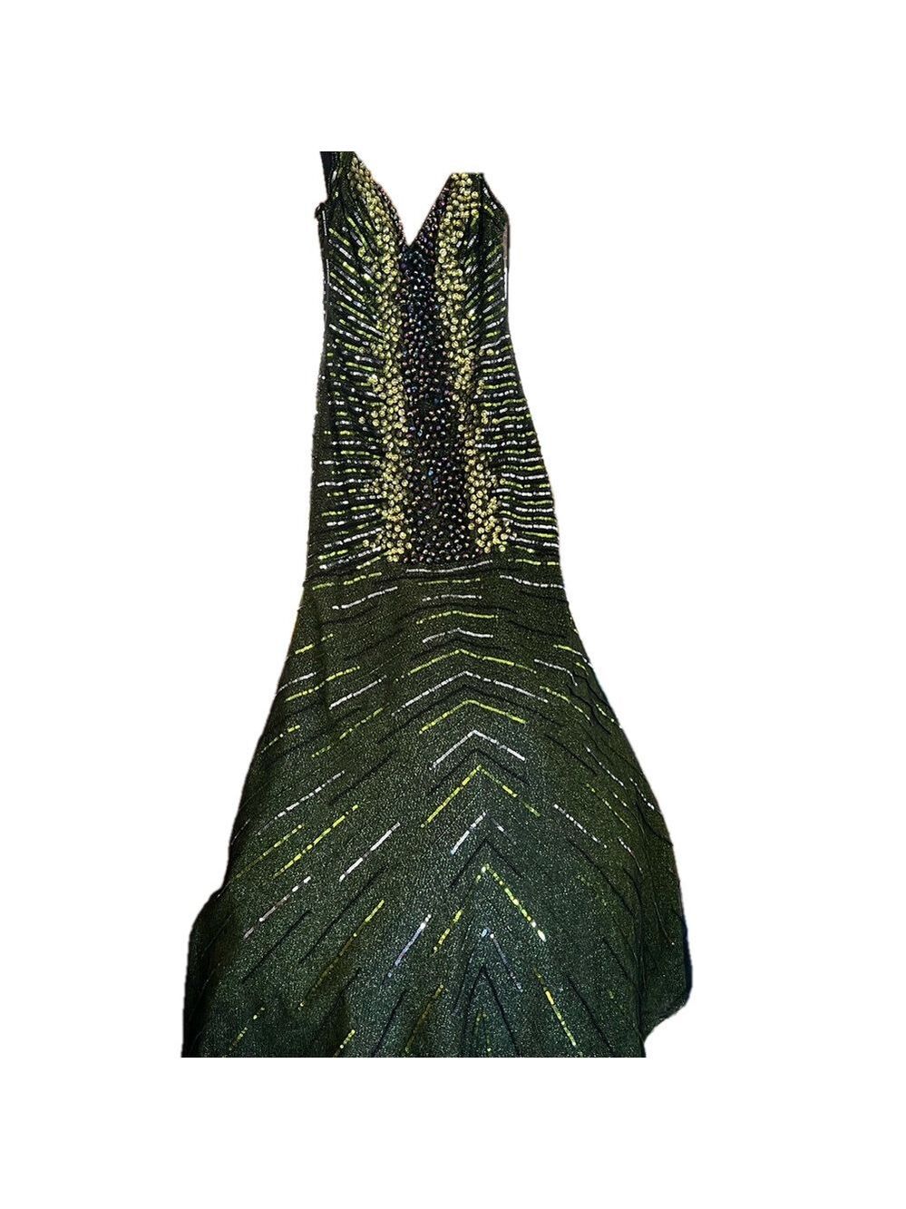 MNM Couture Prom Dress, Green Sequin , SZ 8, PTP 16”, L 65”ish Front, 70” Rear